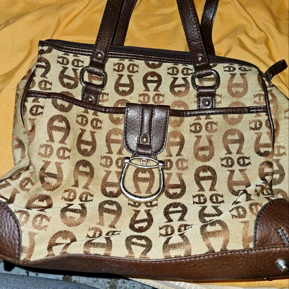Etienne Aigner Tan Brown Logo Fabric Leather Bag Purse Shoulder Bag